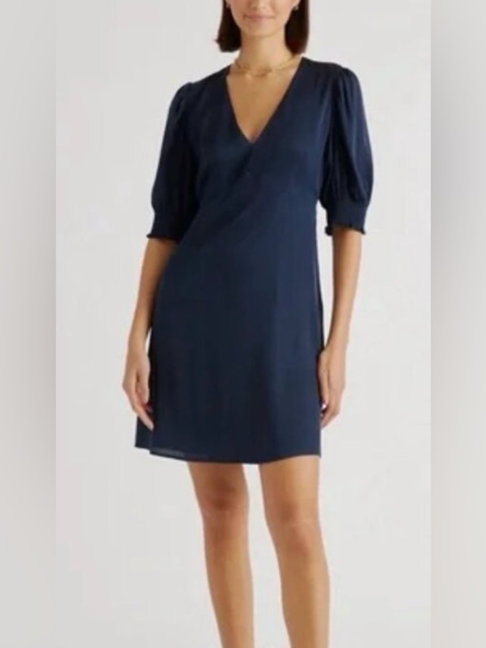 Quince Washable Stretch Silk Puff Sleeve  Dress Navy Quiet Luxury Minimalist S